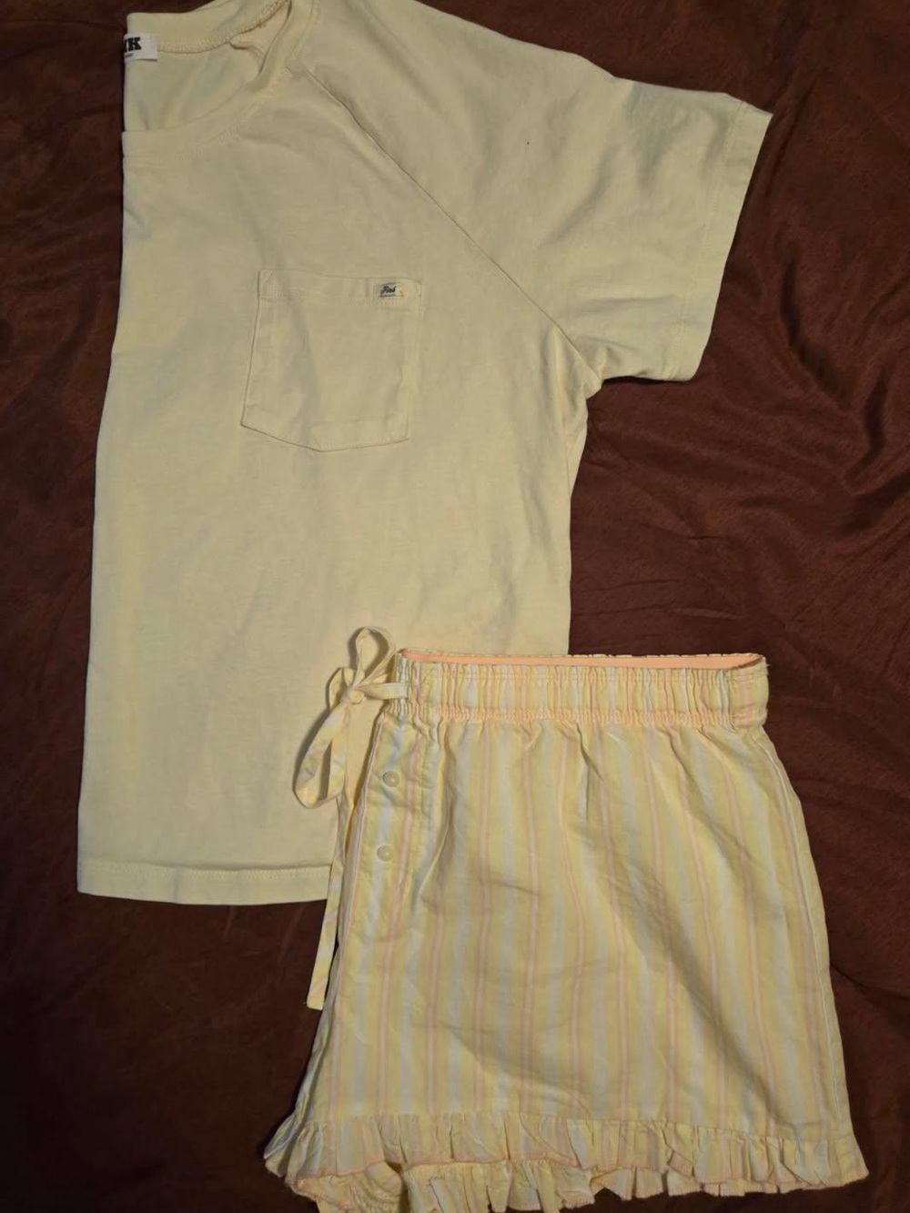 Victoria’s Secret PINK Women’s Yellow Tshirt & Striped Drawstring Shorts
